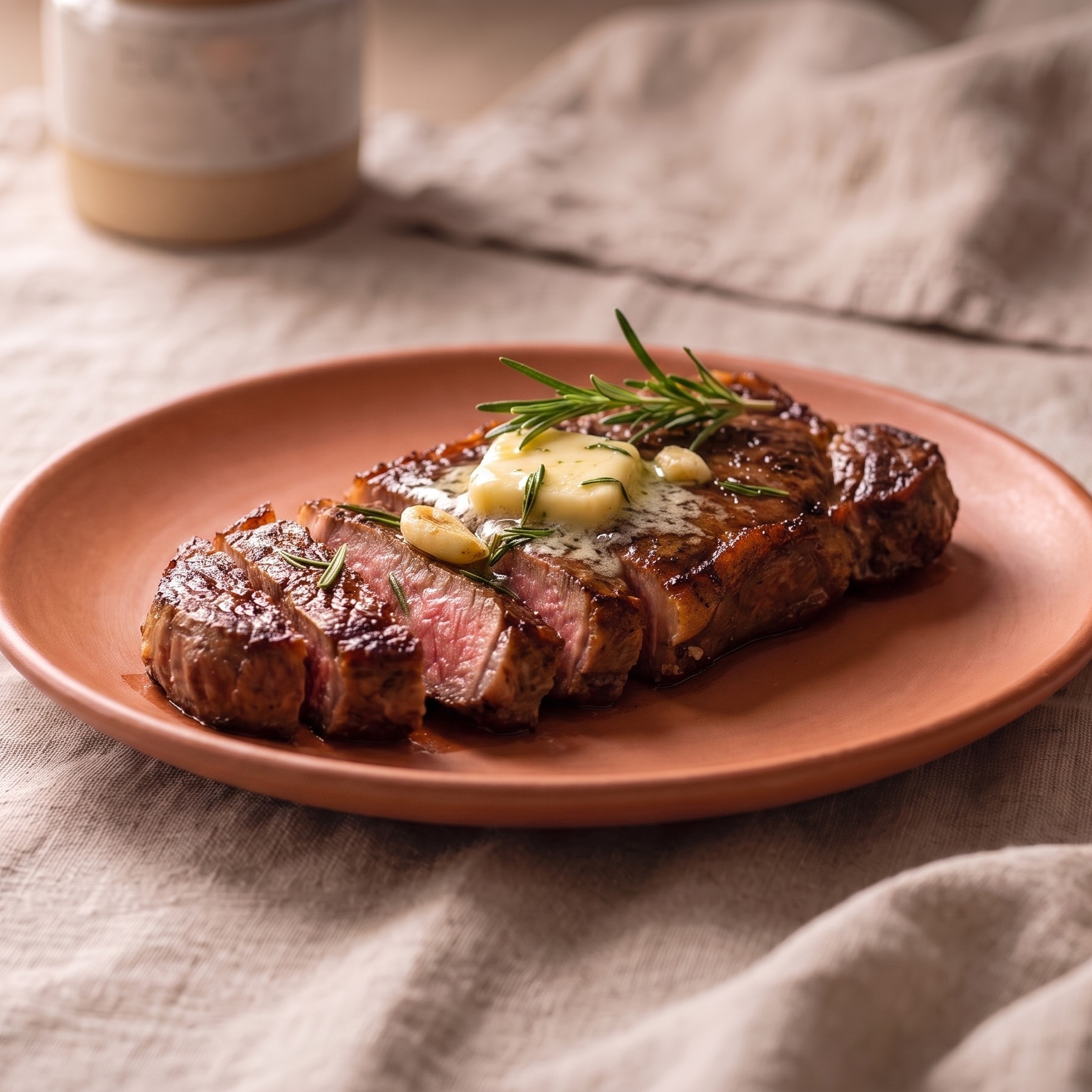 Pan-seared New York strip steak with rosemary butter